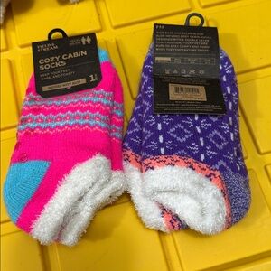 Bundle of 2 Girl Cozy Cabin Youth Socks‎ Gripper Winter Non Slip Thick Warm Gift